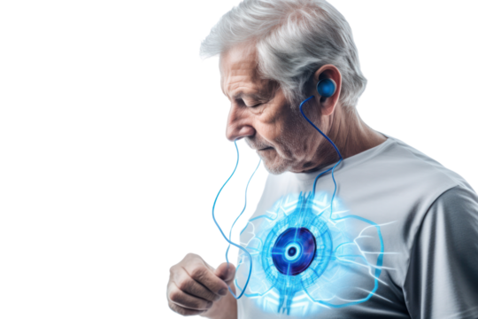 Futuristic photo of elderly man wearing high-tech vest checking his vital signs, isolated on white background.