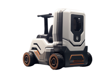 Futuristic electric forklift concept with sleek lines and advanced technology, isolated on white background.