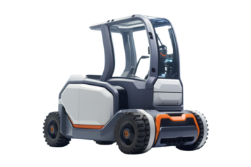 Futuristic electric forklift concept with sleek lines and advanced technology, isolated on white background.