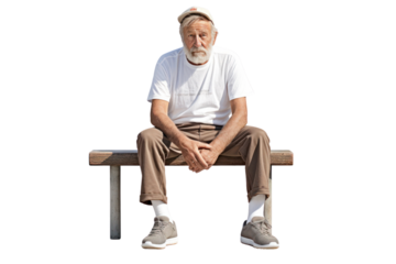 Futuristic photo of elderly man wearing high-tech vest checking his vital signs, isolated on white background.