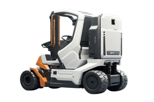 Futuristic electric forklift concept with sleek lines and advanced technology, isolated on white background.