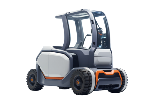 Futuristic electric forklift concept with sleek lines and advanced technology, isolated on white background.