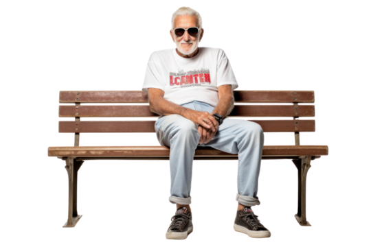 Futuristic photo of elderly man wearing high-tech vest checking his vital signs, isolated on white background.
