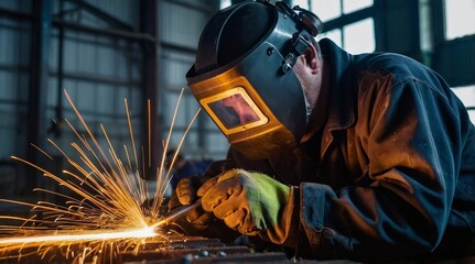 Man is working at metal factory he is welding
