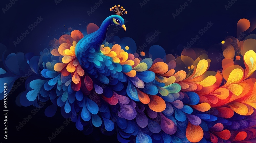 Wall mural a peacock depicted in morphism style, emphasizing smooth gradients and abstract shapes.