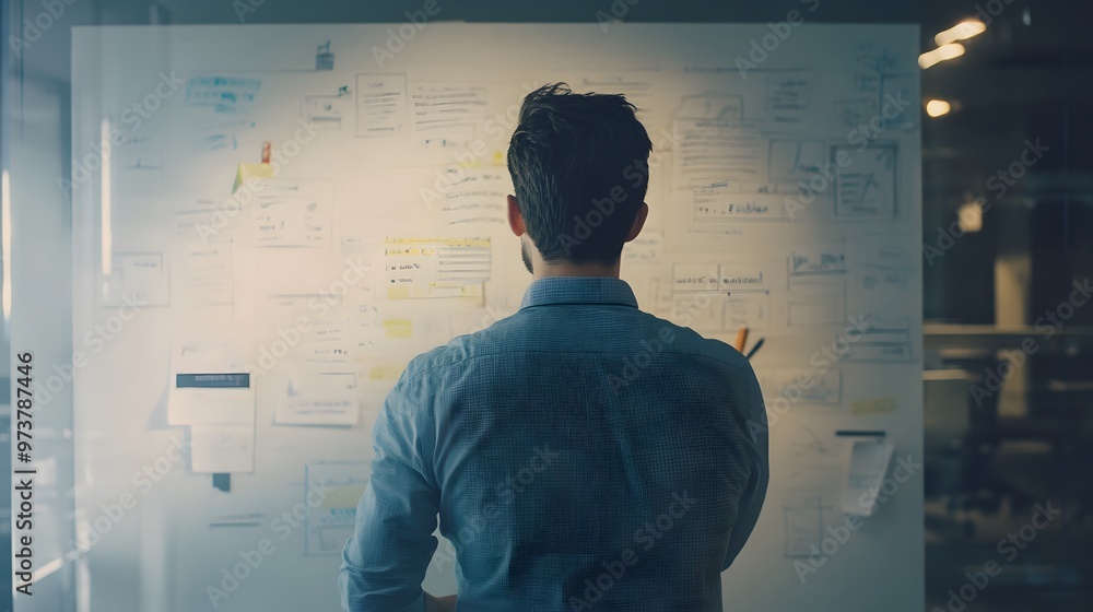 Poster man looking at whiteboard covered in notes and sketches