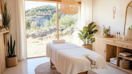 Spa Room Interior With Mountain View  White Sheets  Wooden Furniture  and Plants