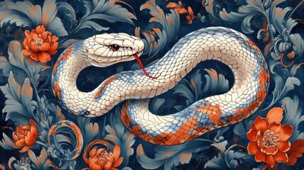 Obraz premium A snake rendered in Art Nouveau style, featuring intricate, flowing patterns and ornamental details.