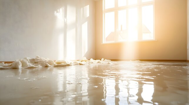 Water-damaged room with insulation hanging down, floodwater pooling on the floor, detailed texture, gritty atmosphere, professional insurance claim photography