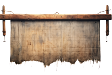 Old horizontal banner hanging from a wooden pole, torn cloth with traces of time, isolated on a white background.