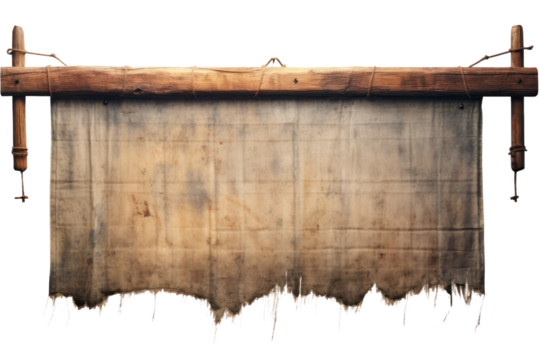 Old horizontal banner hanging from a wooden pole, torn cloth with traces of time, isolated on a white background.