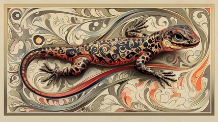 Obraz premium A lizard rendered in Art Nouveau style, featuring flowing lines and intricate patterns on its body.