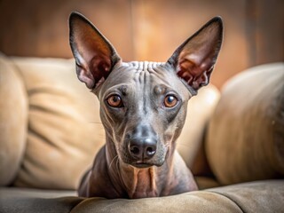 Affectionate Mexican Hairless Dog, also known as Xoloitzcuintli, cuddles on a couch, showcasing its rare, sleek, and
