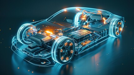 Fototapeta premium Revealing the Vehicle Battery: Line Art 3D Illustration of a Modern Electric Car Chassis X-Ray in a Studio Setting