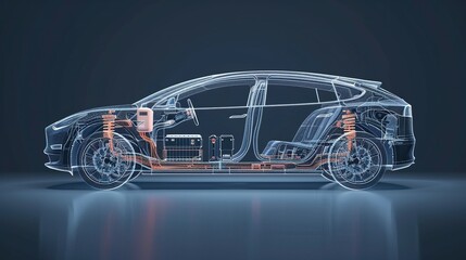 Revealing the Vehicle Battery: Line Art 3D Illustration of a Modern Electric Car Chassis X-Ray in a Studio Setting