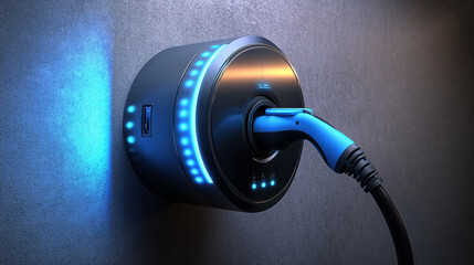 Close-up of high-tech ev charger mounted on wall, illuminated with blue leds