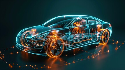 Modern Electric Car Chassis X-Ray: Line Art 3D Illustration in a Studio Environment, Highlighting the Vehicle Battery