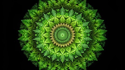 Green mandala with forest foliage texture on black background, nature, kaleidoscope, mandala, green, forest, foliage, ethnic