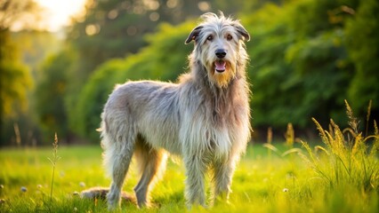 Fototapeta premium A fluffy Irish Wolfhound with a sweet expression stands proudly in a lush green meadow, its grey and