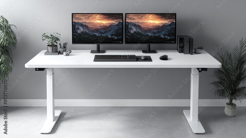 Poster modern workspace featuring dual monitors and minimalistic design.