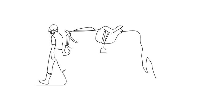 Animated self drawing of 
someone is leading his horse video illustration. Animal themes design concept in simple linear style vector. Good asset for educational presentation animal purpose.