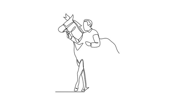 Animated self drawing of 
someone is leading his horse video illustration. Animal themes design concept in simple linear style vector. Good asset for educational presentation animal purpose.