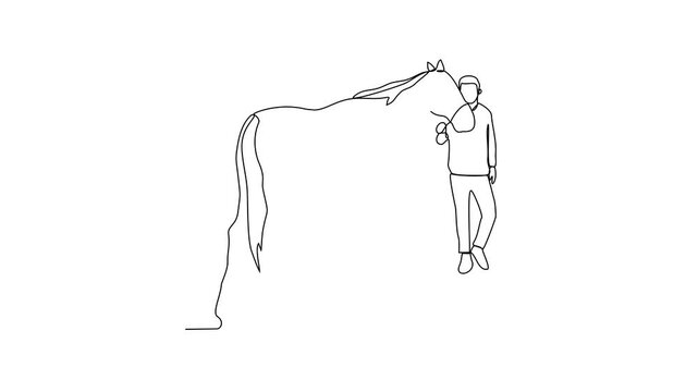 Animated self drawing of 
someone is leading his horse video illustration. Animal themes design concept in simple linear style vector. Good asset for educational presentation animal purpose.