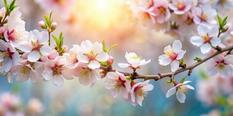 Obraz premium Almond blossoms blooming over a soft, blurred nature background, almond, blossoms, flowers, nature, spring, delicate, soft