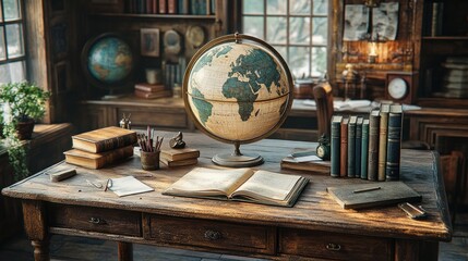 A vintage study desk with a globe, books, and stationery items.