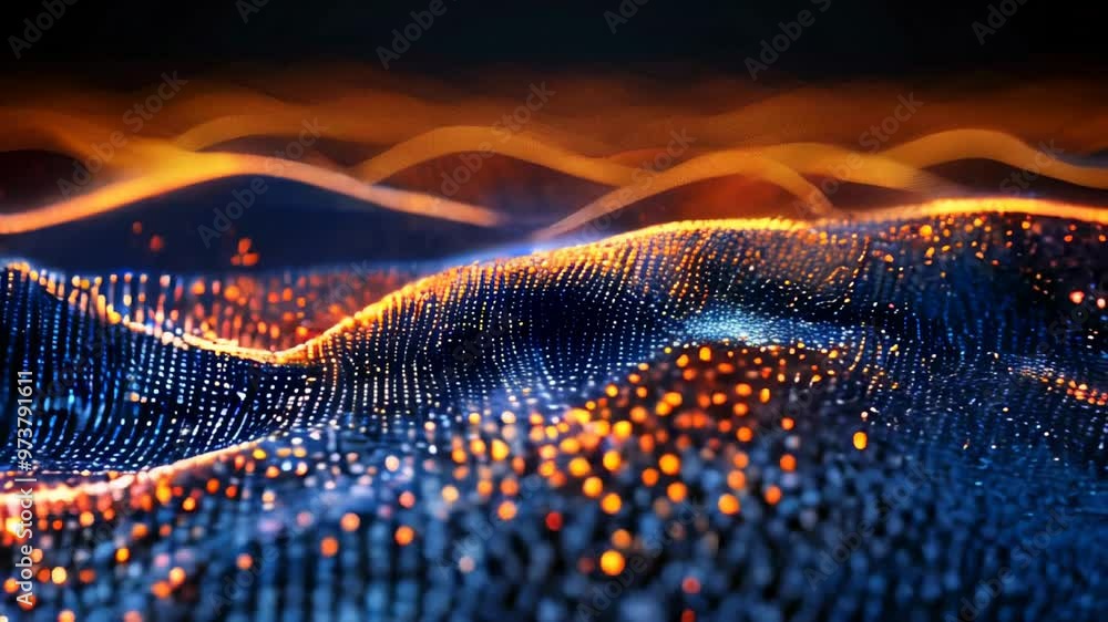 Poster abstract digital waves composed of glowing orange and blue dots, creating a futuristic and vibrant v