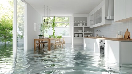 A bright, modern kitchen flooded by a broken pipe, water ripples forming across the floor, symbolizing the critical need for a fast insurance response