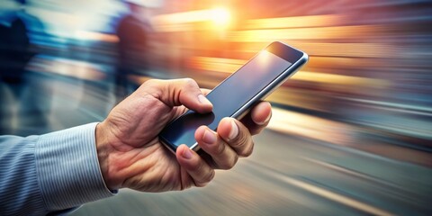 A frantic hand holding a mobile phone, fingers anxiously pressing buttons, against a blurred background, conveying a