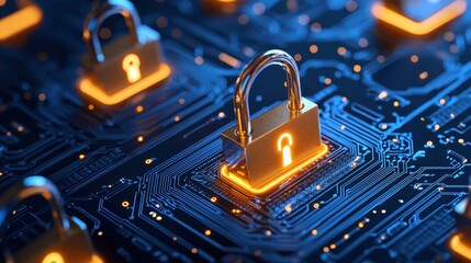 Cyber Security Concept   Padlock on Circuit Board