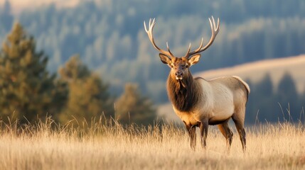 Obraz premium Majestic Elk Buck with Antlers in Golden Grass Field