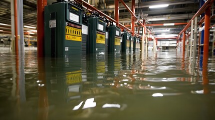 A flooded basement with electrical panels submerged in water