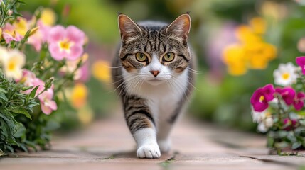 Colorful Cat Exploration in Garden - Vibrant Floral Paradise for Feline Friendliness
