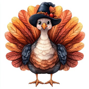 Cute turkey illustrations with pilgrim hat, Adorable watercolor illustrations of turkeys wearing pilgrim hats, perfect for Thanksgiving-themed designs, invitations, and seasonal decorations.
