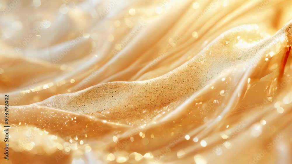 Poster a close-up of golden fabric with sparkling highlights, creating a luxurious and shimmering visual ef