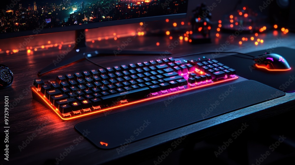 Poster a vibrant gaming setup featuring a backlit keyboard and mouse.
