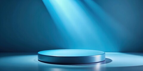 Blue background with shadows and light highlighting an empty round podium for product presentation, Blue, background