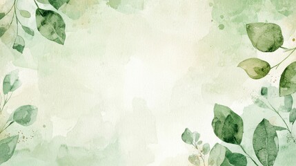 Watercolor Green Leaves and Branches on White Background