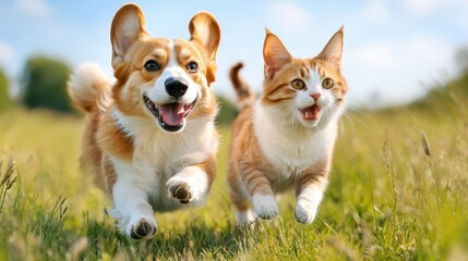 Obraz premium Happy Dog and Cat Running Through Grass Field