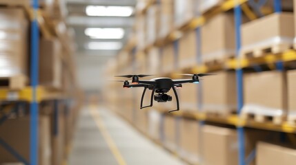 Drone Flying in Warehouse with Cardboard Boxes