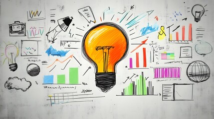 Hand-drawn whiteboard with a lightbulb representing a new idea surrounded by graphs, symbols and doodles