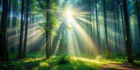 Fototapeta premium Beautiful deep forest scene with a light beam shining through the woodland background, light beam, forest, nature, trees