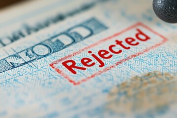 A close-up of a red "Rejected" stamp on an official document, symbolizing denial, rejection, or disapproval in applications.
