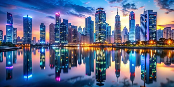 A futuristic neon-lit cityscape at dusk with sleek skyscrapers, busy streets, and vibrant billboards reflecting in a