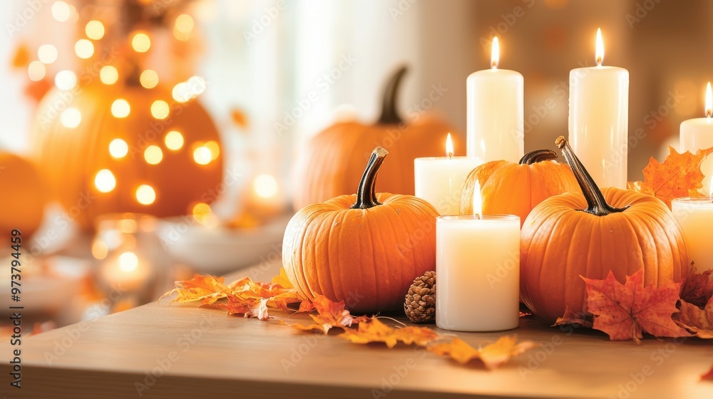 Sticker autumn table decor with pumpkins candles and leaves