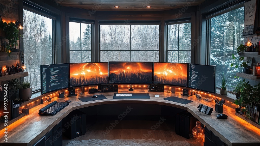 Poster a modern workstation with multiple screens and ambient lighting.