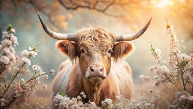 Beautiful artwork of a Scottish highlander cow surrounded by soft beige pastel colored flowers, Scottish highlander cow